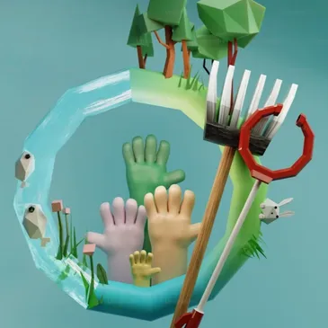 School Award visual showing raised hands, a cleanup picker and a circular cleanup world.